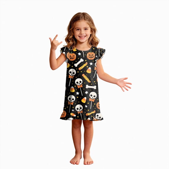 NOLDARES Girls Nightgowns Halloween Spider Print Sleepwear Night Sleep Dress Pajamas Little Kids Toddler Soft Nightgown(N207-Black)