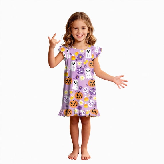 NOLDARES Girls Nightgowns Toddler Princess Soft Halloween Print Pajamas Sleep Dress for Kids(N213-Yellow)