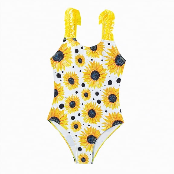 NOLDARES Girls One Piece Swimsuit Cute Striped Bathing Suit Hawaii Swimwear(Yellow,5-6 Years)