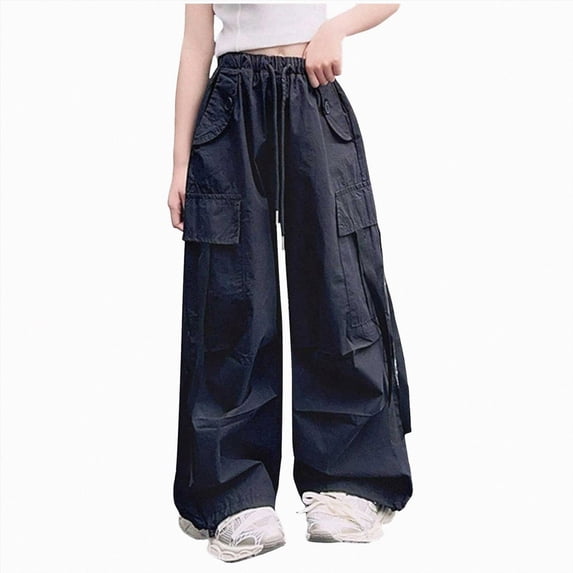 NOLDARES Girls Parachute Pants Kids Elastic Waist Wide Leg Cargo Pants Y2K Street Baggy Trousers with Pockets(Black,8-10 Y)