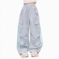 thumbnail image 1 of NOLDARES Girls Parachute Pants Kids Elastic Waist Wide Leg Cargo Pants Y2K Street Baggy Trousers with Pockets(Blue,8-10 Y), 1 of 6