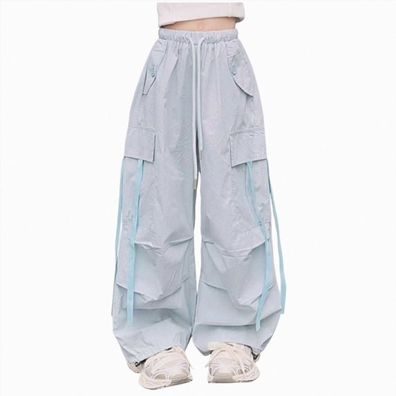 NOLDARES Girls Parachute Pants Kids Elastic Waist Wide Leg Cargo Pants Y2K Street Baggy Trousers with Pockets(Blue,8-10 Y)