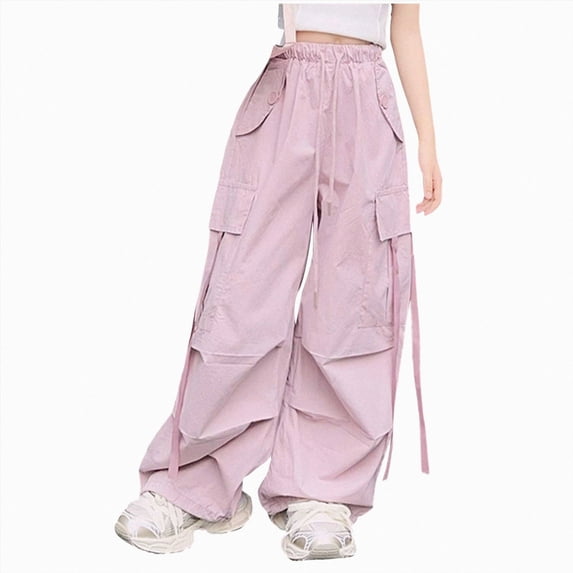 NOLDARES Girls Parachute Pants Kids Elastic Waist Wide Leg Cargo Pants Y2K Street Baggy Trousers with Pockets(Pink,13-14 Y)
