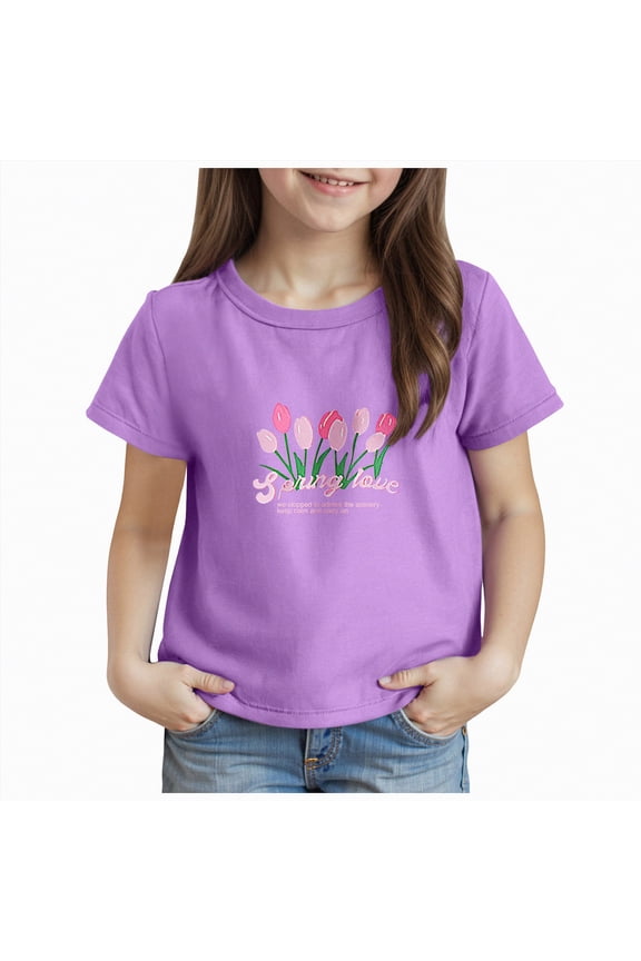 Girls Ruffle Sleeve T Shirts Summer Short Sleeve Casual Cute Crewneck Tops Tees 5-14 Years(Purple,2-3 Years)