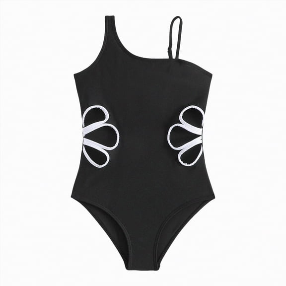 NOLDARES Girls Striped One Piece Swimwear Crossback Straps Quick Dry Beach Bathing Suit(Black,9-10 Years)