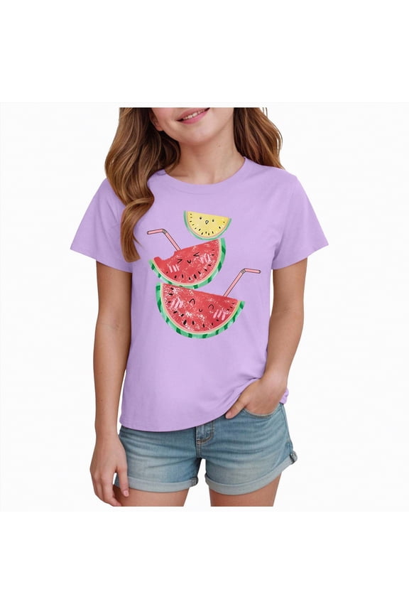 Girls Summer T Shirts Loose Curved Hem Short Sleeve Shirt Athletic Casual Tops Tees 4-14 Years(Light Purple,2-3 Years)