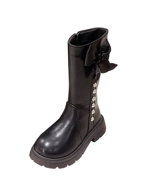 Girls Toddler Bow knot Knee High Boots Chunky Heel Side Zipper Cute Boots Little Big Kid W231-Black
