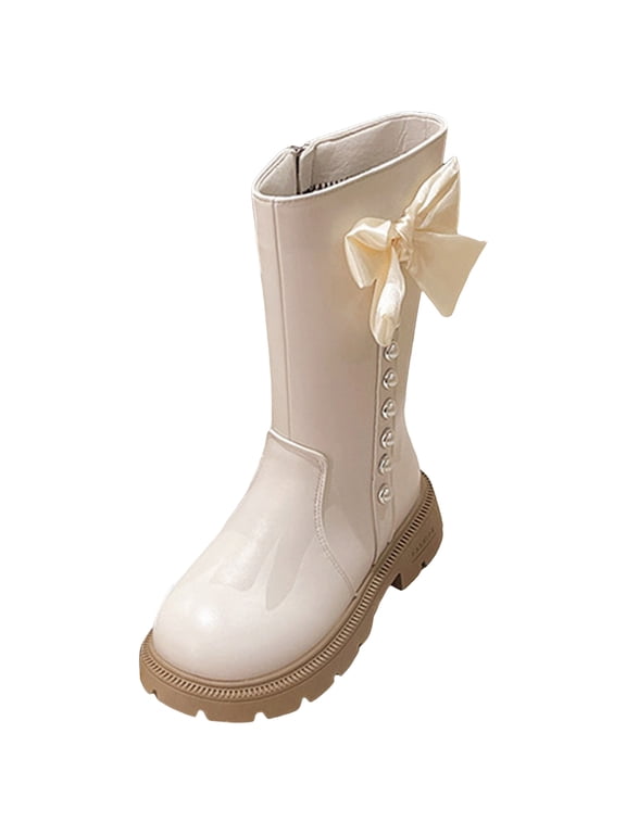 Girls Toddler Bow knot Knee High Boots Chunky Heel Side Zipper Cute Boots Little Big Kid W231-White