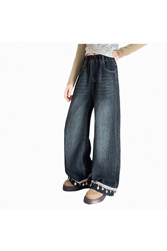 Girls Wide Leg Jeans - Zipper Fly and Embroidery , Denim Pants with Pockets for Girls(Blue,9-10 Years)