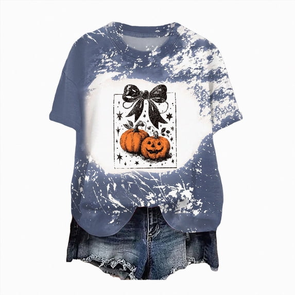NOLDARES Halloween Bow Pumpkin Shirt for Women Spooky Season Graphic T Shirt Fall Halloween Short Sleeve Tee Tops,Blue,XL