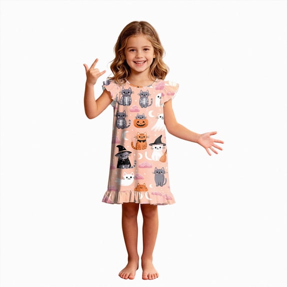 NOLDARES Halloween Girls Nightgowns Princess Nightdress Cotton Sleepwear Print Pajamas Dress for Kids(N201-Light Pink)
