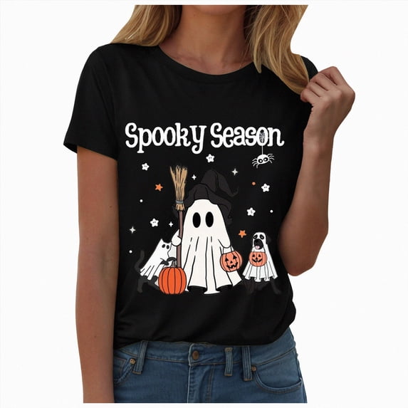 NOLDARES Halloween Oversized Shirts for Women Spooky Season T-Shirt Halloween Pumpkin Costume Ghost Fall Tees Top,Black,M