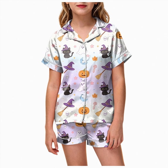 NOLDARES Halloween Pajamas Girl Cute Satin Cat Ghost Pumpkin Print Short Sleeve Button Top and Shorts Matching Sleepwear(R111-Light Blue)