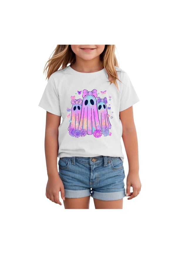 Halloween Shirts for Girls T Shirt Cute Ghost Graphic Tees Halloween Spooky Season Short Sleeve Tee Tops Halloween T-Shirt(C02-White,2-3 Years)
