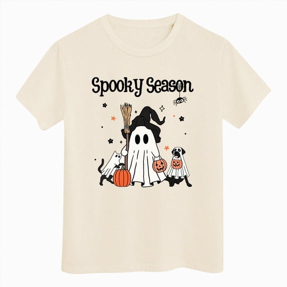 NOLDARES Halloween Shirts for Girls Boys Short Sleeve T Shirt Kids Summer Pumpkin Ghost Print Tops Crewneck Tees Beige for Size 11-12 Years