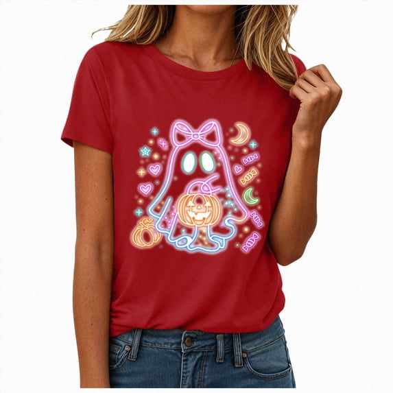 NOLDARES Halloween Shirts for Women Cute Ghost Shirt Graphic Tee Spooky Season Fall T Shirt Short Sleeve Tops(Red,XL)