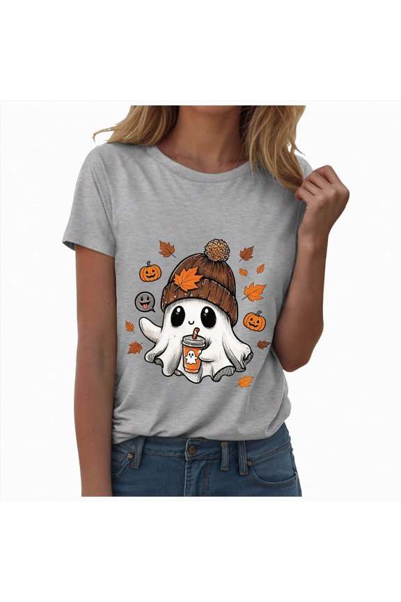 Halloween Shirts for Women Cute Ghost Spooky Season T Shirts Casual Crew Neck Short Sleeve Graphic Tee Tops,Grey,XXL