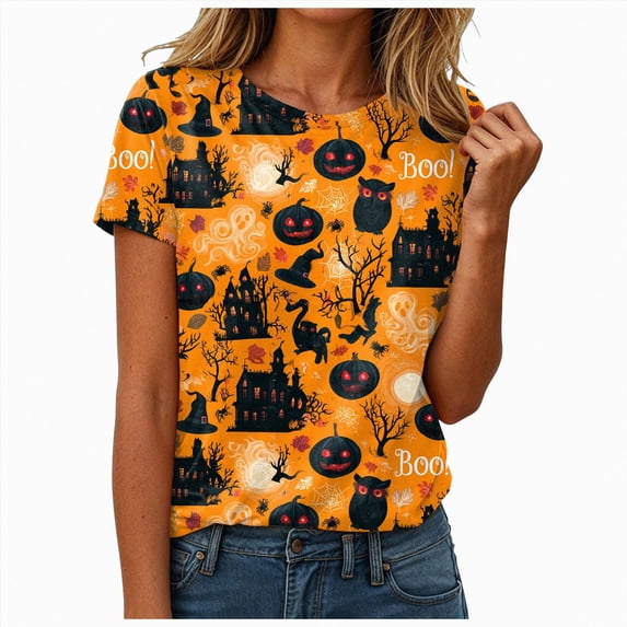 NOLDARES Halloween Shirts for Women Cute Ghost with Coffee Pumpkin Shirts Cute Fall Short Sleeve Graphic Tee Tops(Yellow,XXL)
