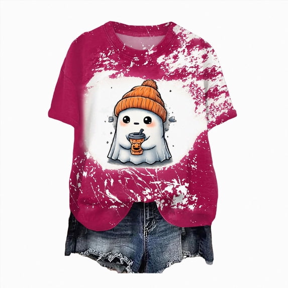 NOLDARES Halloween Shirts for Women Novelty Ghost Graphic Print Casual Short Sleeve Fall Tee Tops,Hot Pink,L