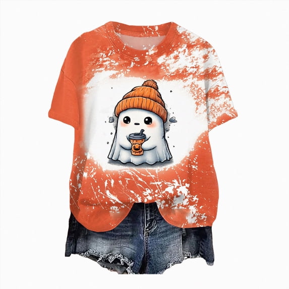 NOLDARES Halloween Shirts for Women Novelty Ghost Graphic Print Casual Short Sleeve Fall Tee Tops,Orange,XL