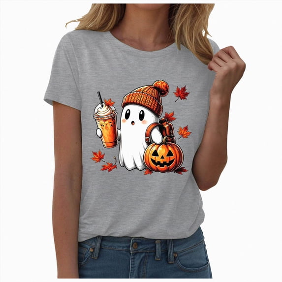 NOLDARES Halloween Shirts for Women Pumpkin Shirts Cute Fall Short Sleeve Graphic Tee Tops(Grey,XXL)