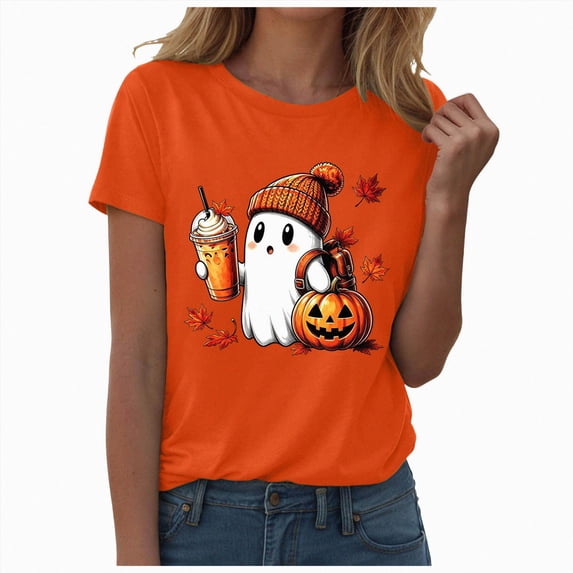 NOLDARES Halloween Shirts for Women Pumpkin Shirts Cute Fall Short Sleeve Graphic Tee Tops(Orange,XL)