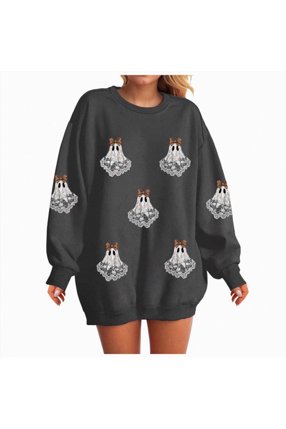 Halloween Sweatshirts for Women: Oversized Ghost Sweatshirt Cute Spooky Season Sweater Fall Winter Pullover Tops,Grey,XXL