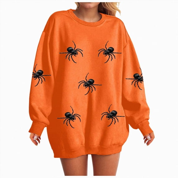 NOLDARES Halloween Sweatshirts for Women Spider Sweater Cute Spooky Shirt Fall Winter Spooky Pullover Tops,Orange,S