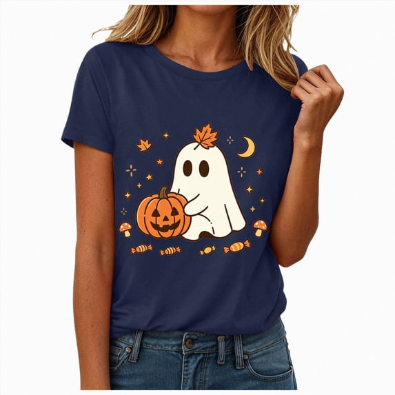 NOLDARES Halloween Teacher Shirts for Women Cute Ghost with Coffee Shirt Funny Spooky Tee Halloween Party Short Sleeve Tops(Navy,L)