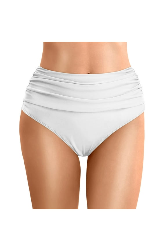 High Waisted Bikini Bottom Tummy Control Full Coverage Bikini Bottom Swimsuit Bottoms for Women(White,M)