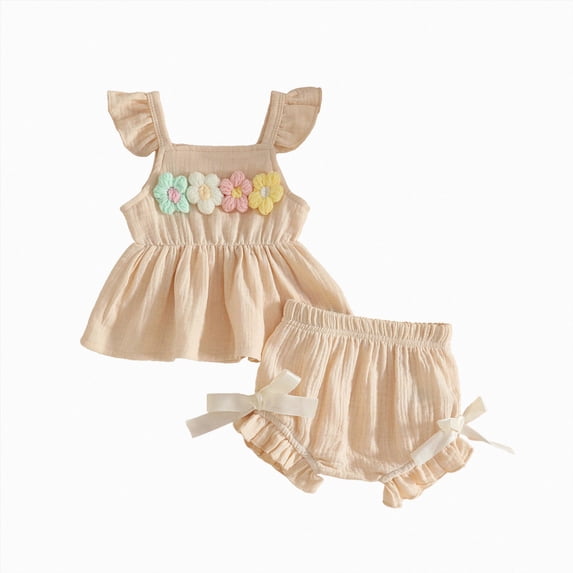 NOLDARES Infant Baby Girl Two Piece Summer Clothes Sets Sleeveless Floral Halter Top and Soft Cotton Shorts Set(Beige,18-24 M)