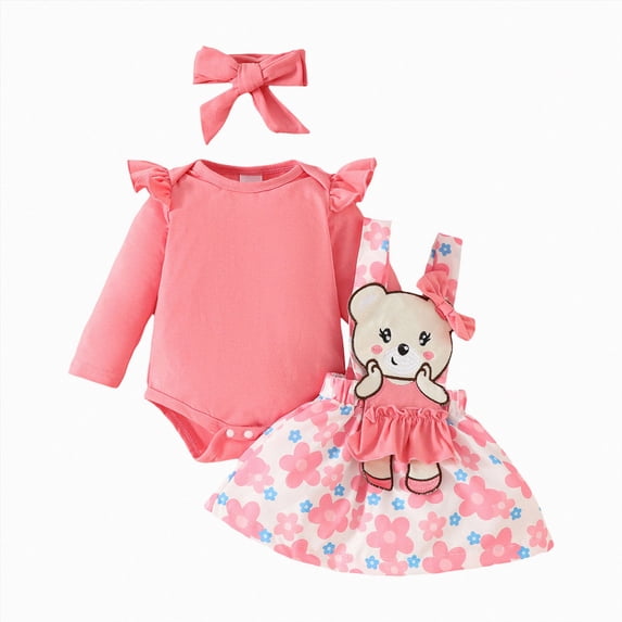 NOLDARES Infant Girl Fall Outfits Baby Girl Romper Suspender Dress Skirt with Headband 3Pcs Festival Clothes(Pink,3-6 M)