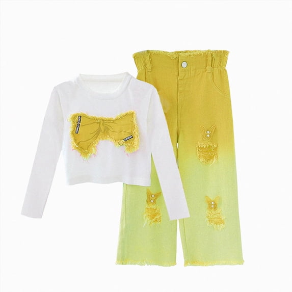 NOLDARES Infant Kid Girl Cute Fall Clothes Set2pcs Long Sleeve Crewneck Sweatshirt and Pants Print Outfits Clothing(Yellow,9-10 Y)