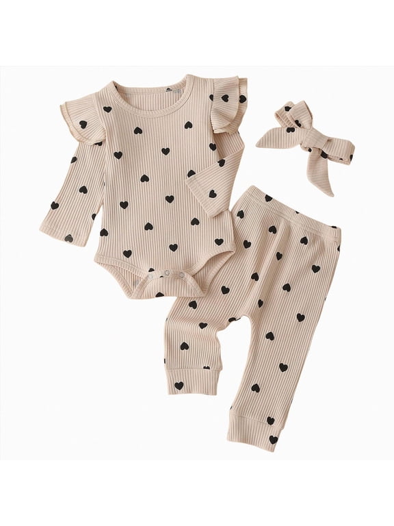 Infant Newborn Baby Girl Clothes Baby Girl Outfits Long Sleeve Snap Romper Pant Sets with Headband(Beige,12-18 M)