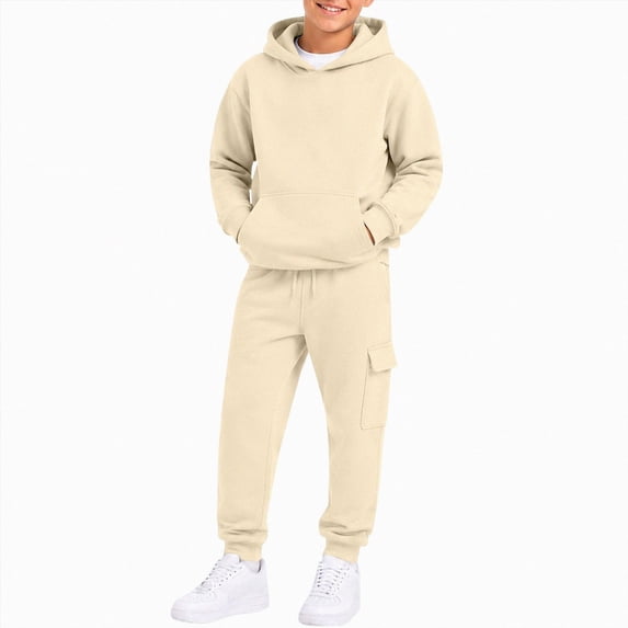 NOLDARES Kids Boys And Girls Clothes Solid Color Hoodie Sweatshirts and Pant 2Pcs Fall Outfits Set(Y141-Beige)