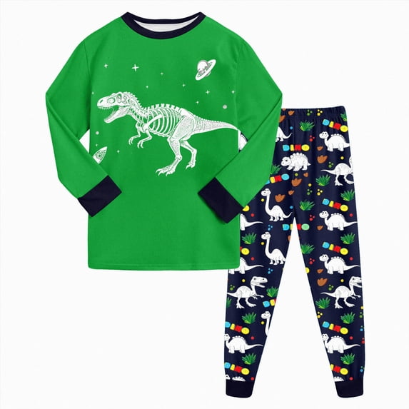 NOLDARES Kids Boys Pajamas Dinosaur Long Sleeve 2 Piece Cotton Set Toddler Sleepwear Cute Print Soft Pjs for Boys,Green,5-6 Y