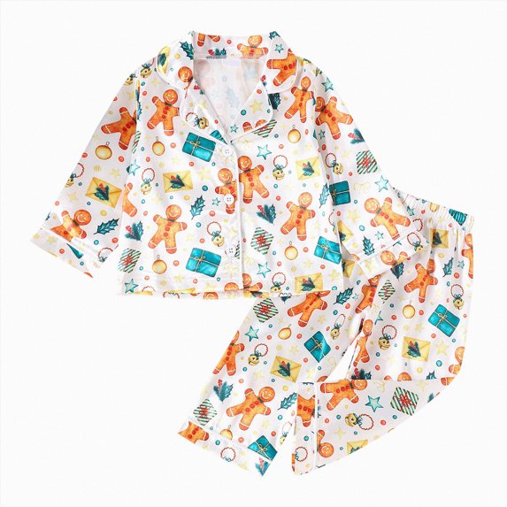 NOLDARES Kids Christmas Pajamas Print Tops with Pants Satin Sleepwear Christmas Pajamas for Kids Little Girls Cute Print Button Down Sleepwear Christmas Pajama Set(K017-White)