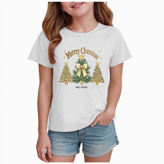 NOLDARES Kids Christmas Shirt Girls Boys Merry Christmas Tshirt Xmas Tree Short Sleeve Tops Xmas Gifts Christmas Party Outfits(D107-White)