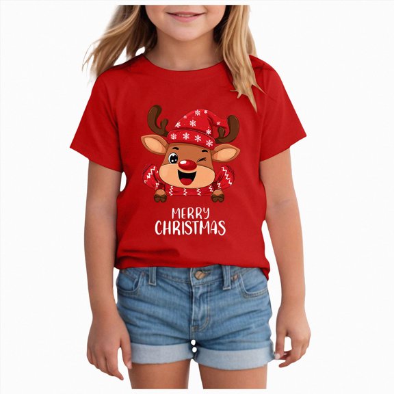 NOLDARES Kids Christmas T-Shirt Merry Santa Funny Elk Print Holiday Crew Neck Short Sleeve Tee Boys Girls Clothes,Size 7-8 Y