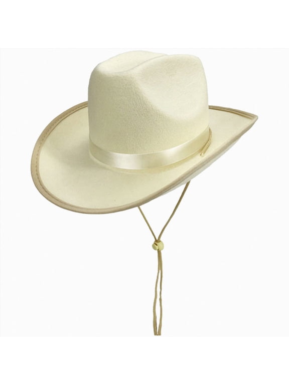 Kids Girls Boys Retro Felt Wide Brim Western Cowboy Cowgirl Hat Dress Up Hat with Wind Lanyard(Beige,4-9 Y)