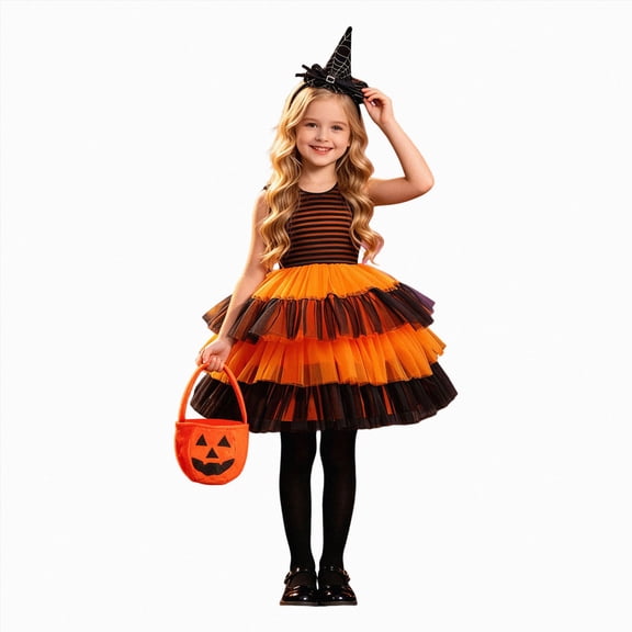NOLDARES Kids Girls Halloween Pumpkin Dress Costume for Girls Tutu Dresses with Headband Cosplay Fancy Princess Outfits(Orange,3-4 Years)
