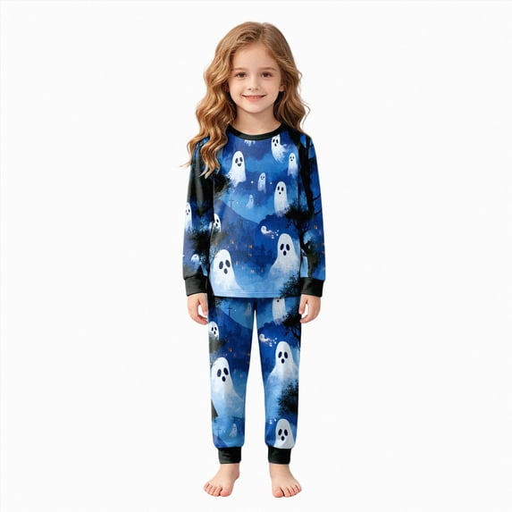 NOLDARES Kids Halloween Clothes for Boys Girls 2 Piece Toddler Pumpkin Clothes Cotton Kids Ghost Outfit Sleepwear Cotton Warm Winter Jammies(Dark Blue,7-8 Y)
