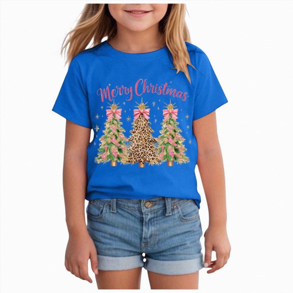 NOLDARES Kids Merry Christmas Santa Xmas Tree Short Sleeve Tee, Christmas Graphic Tees Holiday Tops,A615-Blue