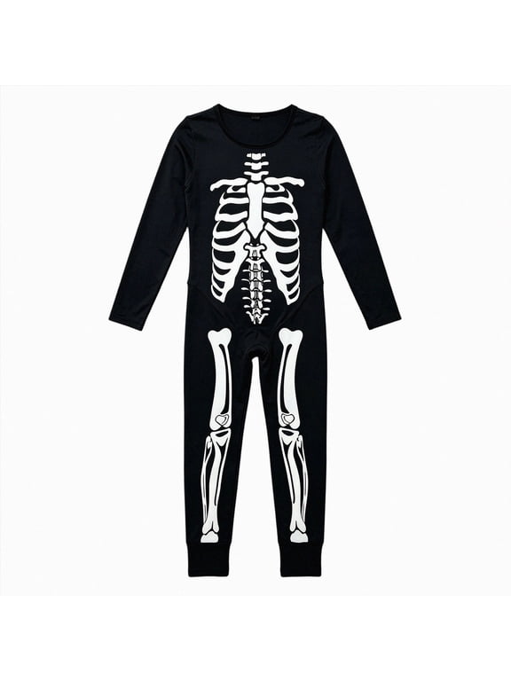 Kids Skeleton Glow in Dark Jumpsuit Halloween Hooded One-Piece Zipper PJS Family Jammies(Black,10-11 Years)