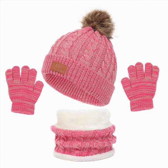 NOLDARES Kids Winter Hat Gloves Scarf Set,Girls Boys Toddler Children Hats Beanie with Pom Knit Neck Warmer Gaiter Mittens Fleece Lined Set(M018-Hot Pink)