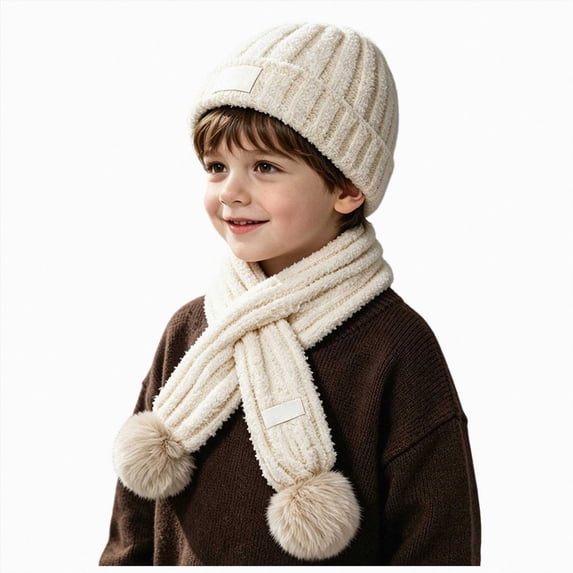 NOLDARES Kids Winter Hat Scarf Set for Girls Boys, Toddler Knit Beanie Hat & Neck Warmer Sets with Warm Cotton Lined Pom(M033-Beige)