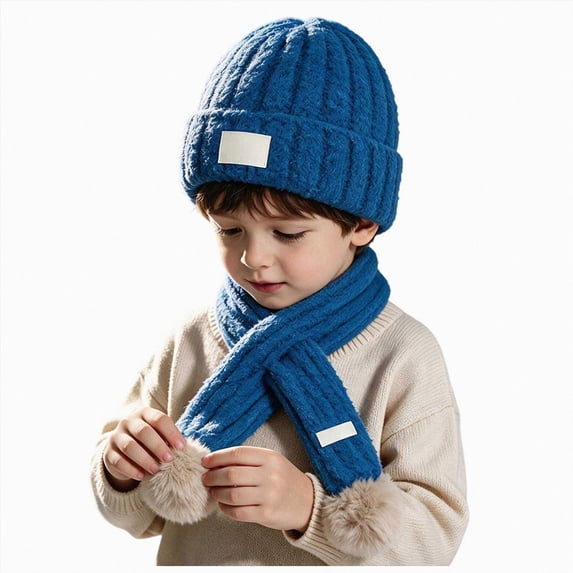 NOLDARES Kids Winter Hat Scarf Set for Girls Boys, Toddler Knit Beanie Hat & Neck Warmer Sets with Warm Cotton Lined Pom(M033-Blue)