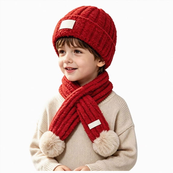 NOLDARES Kids Winter Hat Scarf Set for Girls Boys, Toddler Knit Beanie Hat & Neck Warmer Sets with Warm Cotton Lined Pom(M033-Red)
