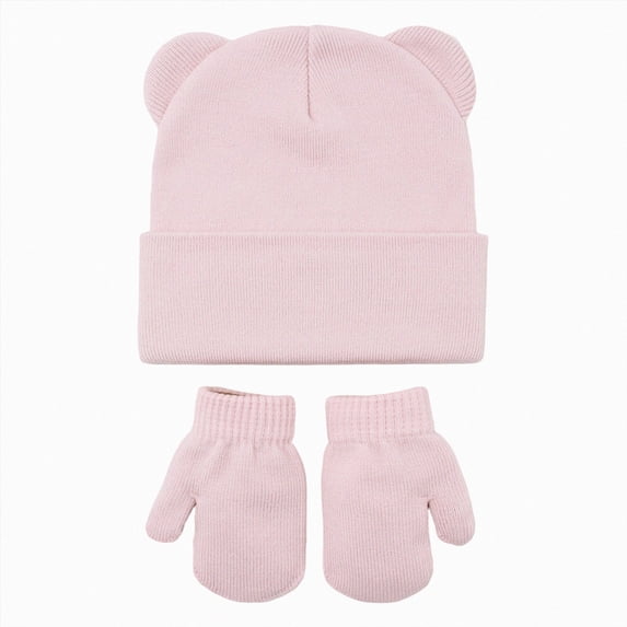 NOLDARES Kids Winter Hat and Gloves Set Girls Boys Knit Beanie Hats with Pom Warm Snow Ski Cap for Toddler(M035-Pink)