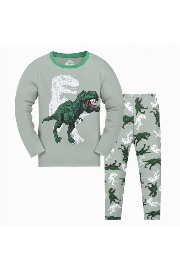 Little Boy Space Pajama Set Cotton Dinosaur Sleepwear Long Sleeve Pjs,Green,3-4 Y